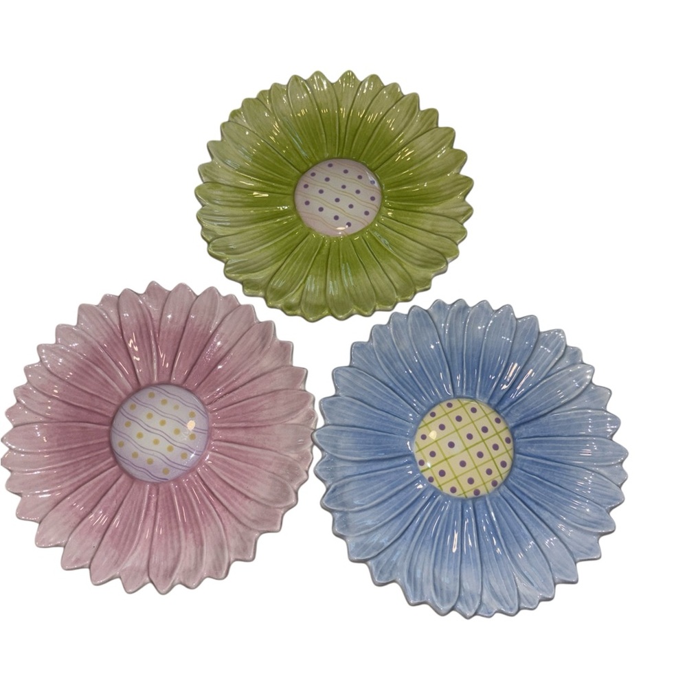 Home Interiors Daisy Flower Sunflower Ceramic 8" Plates  Blue Green Pink 3